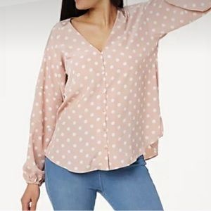 🌸Laurie Felt Pink & White Polka Dot V-Neck Long Balloon Sleeve Blouse Top EUC🌸